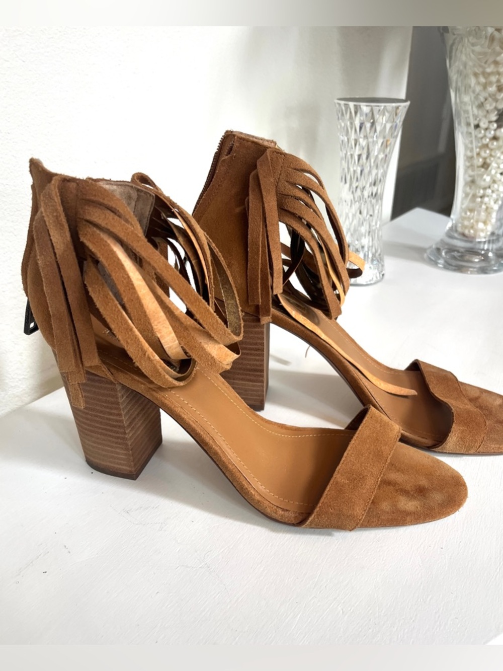 BCBGeneration Tan Suede Fringe Block Heel Sandals – Size 11
